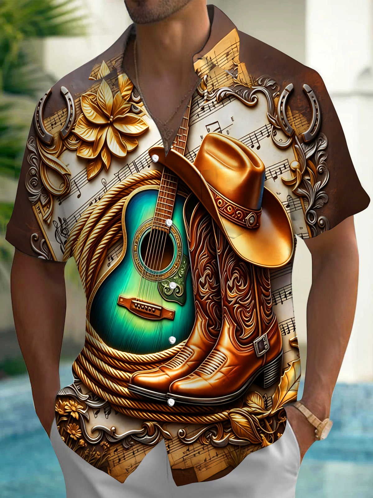 Oceanlyte Men's Vintage Style Western Guitar Print Short Sleeve Shirt with Chest Pocket