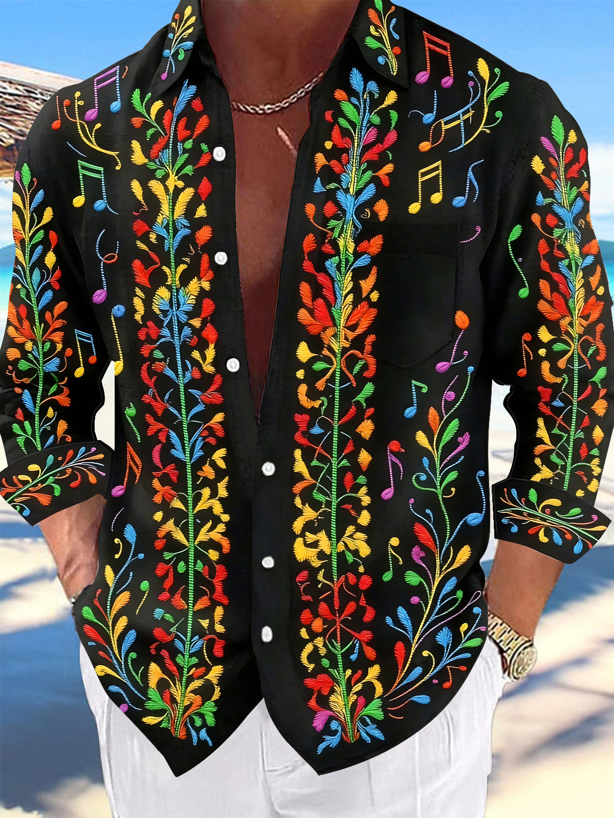 Oceanlyte Men's Graphic Colorful Musical Notes Print Long Sleeve Shirt with Chest Pocket