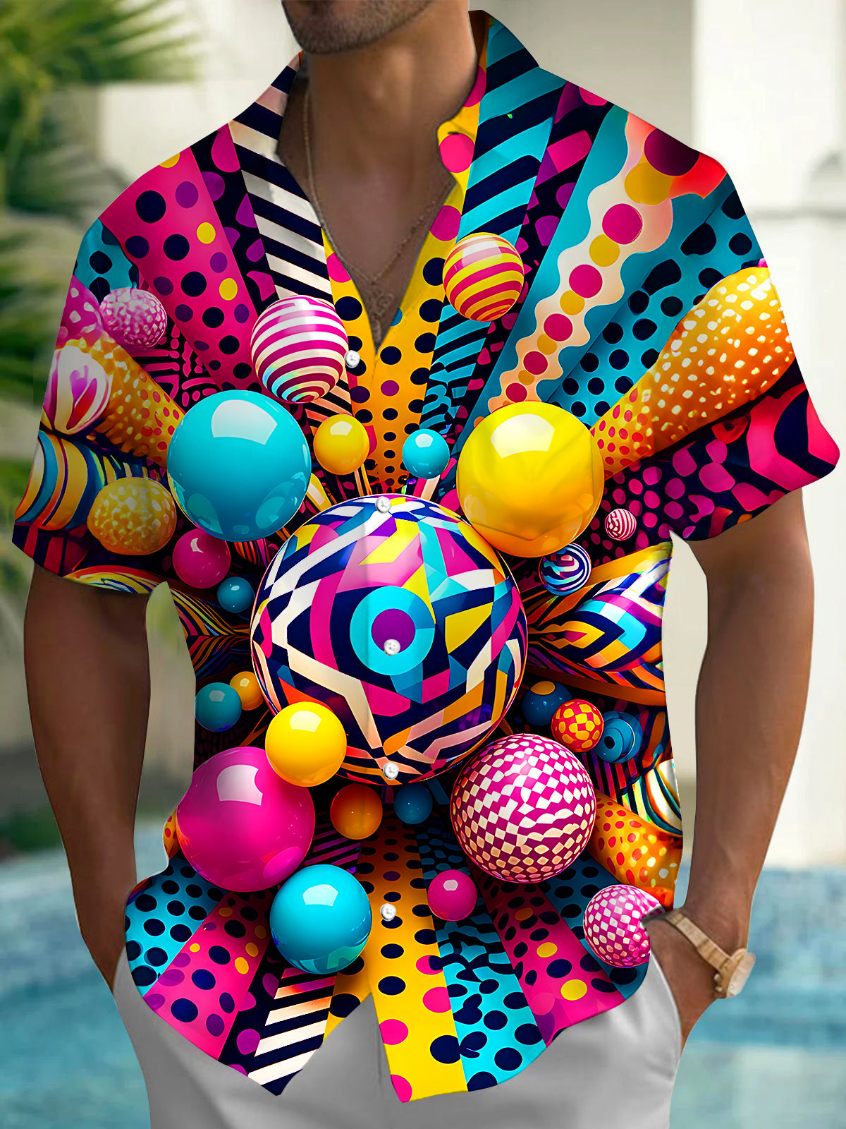 Oceanlyte Men's 3D Colorful 3D Geometric Spheres Print Short Sleeve Shirt with Chest Pocket