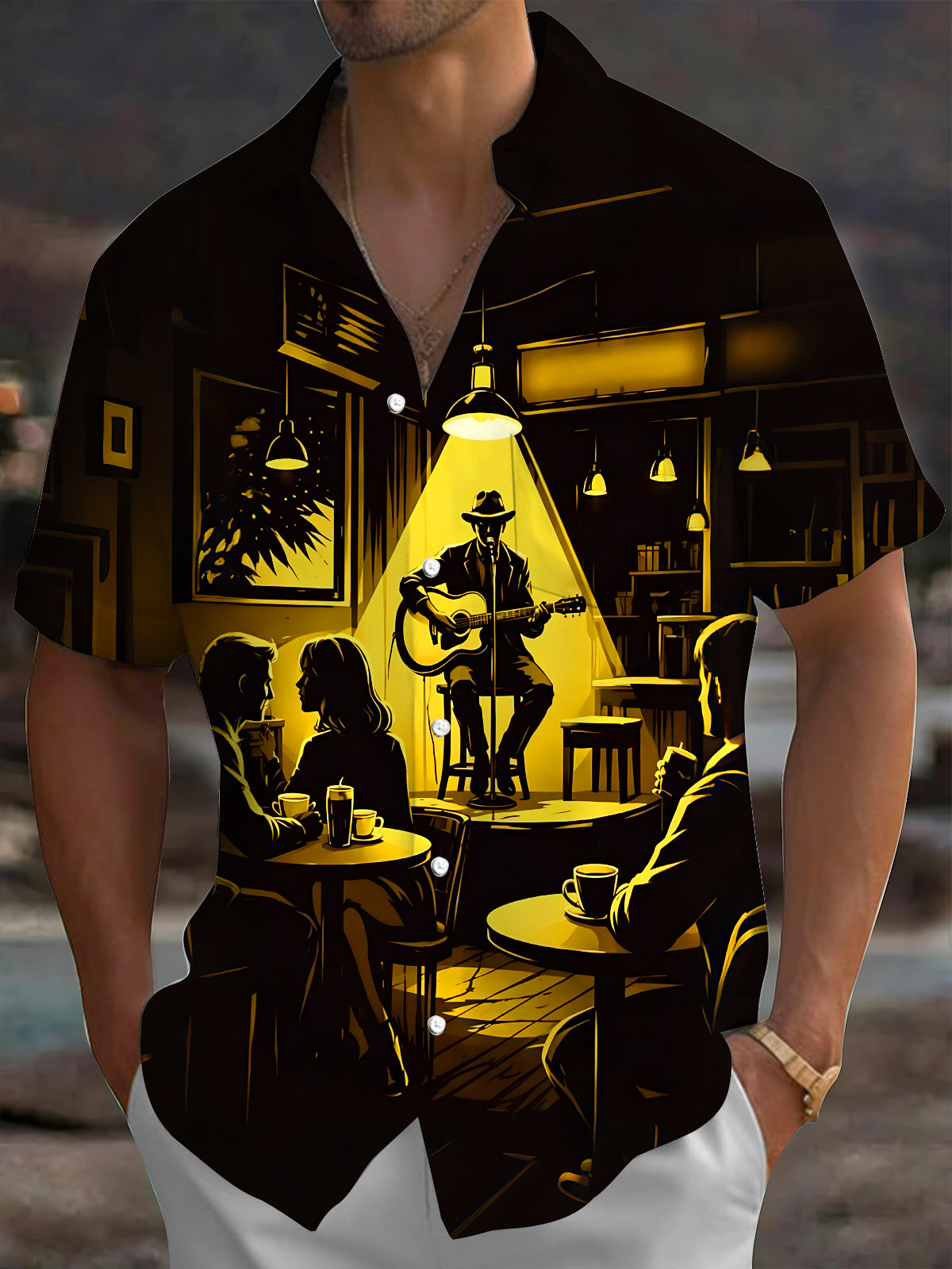 Oceanlyte Men's Graphic Folk Singer Silhouette Print Short Sleeve Shirt with Chest Pocket