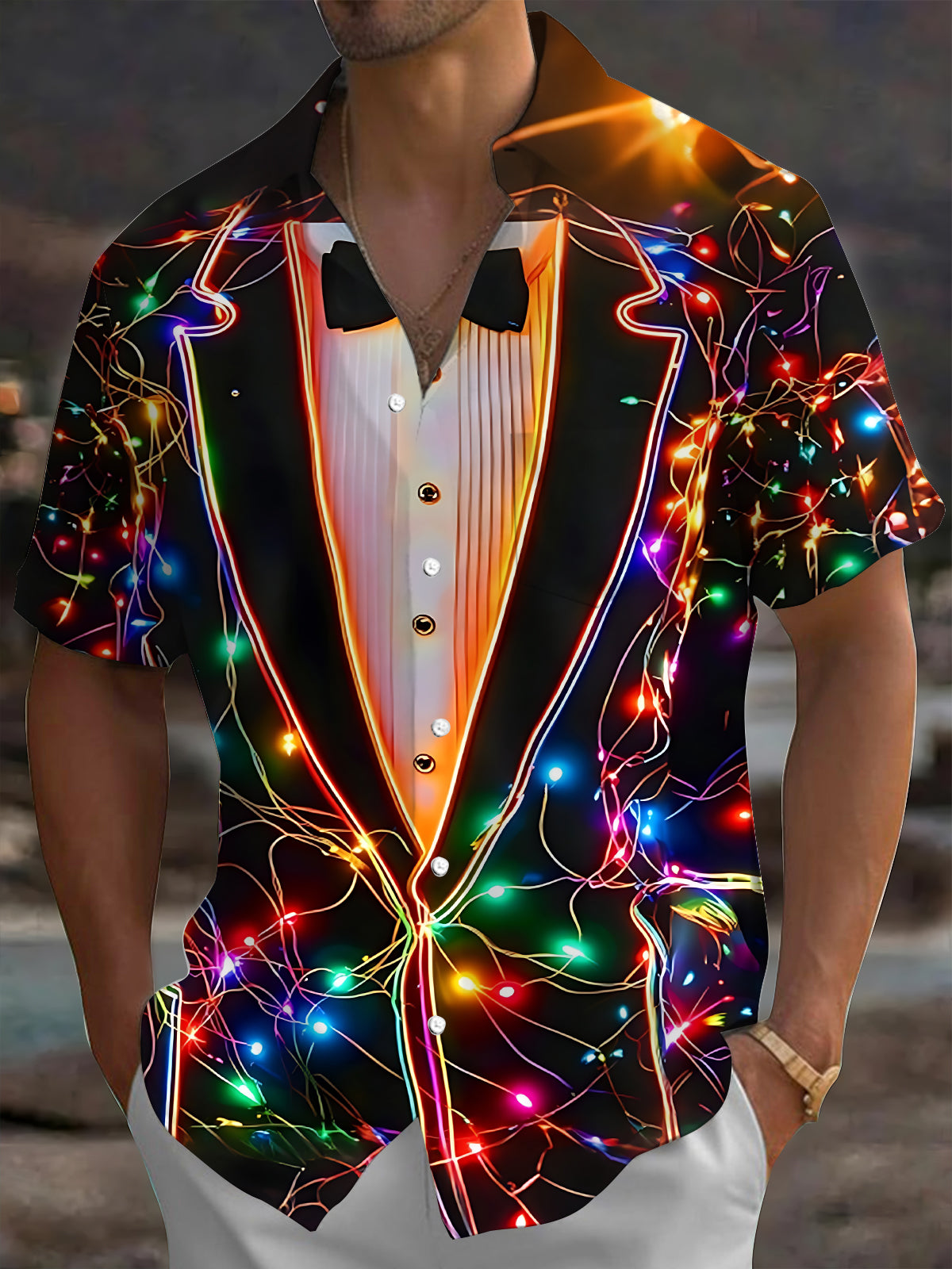 Oceanlyte Men's Printed Neon Tuxedo Print Short Sleeve Shirt with Chest Pocket