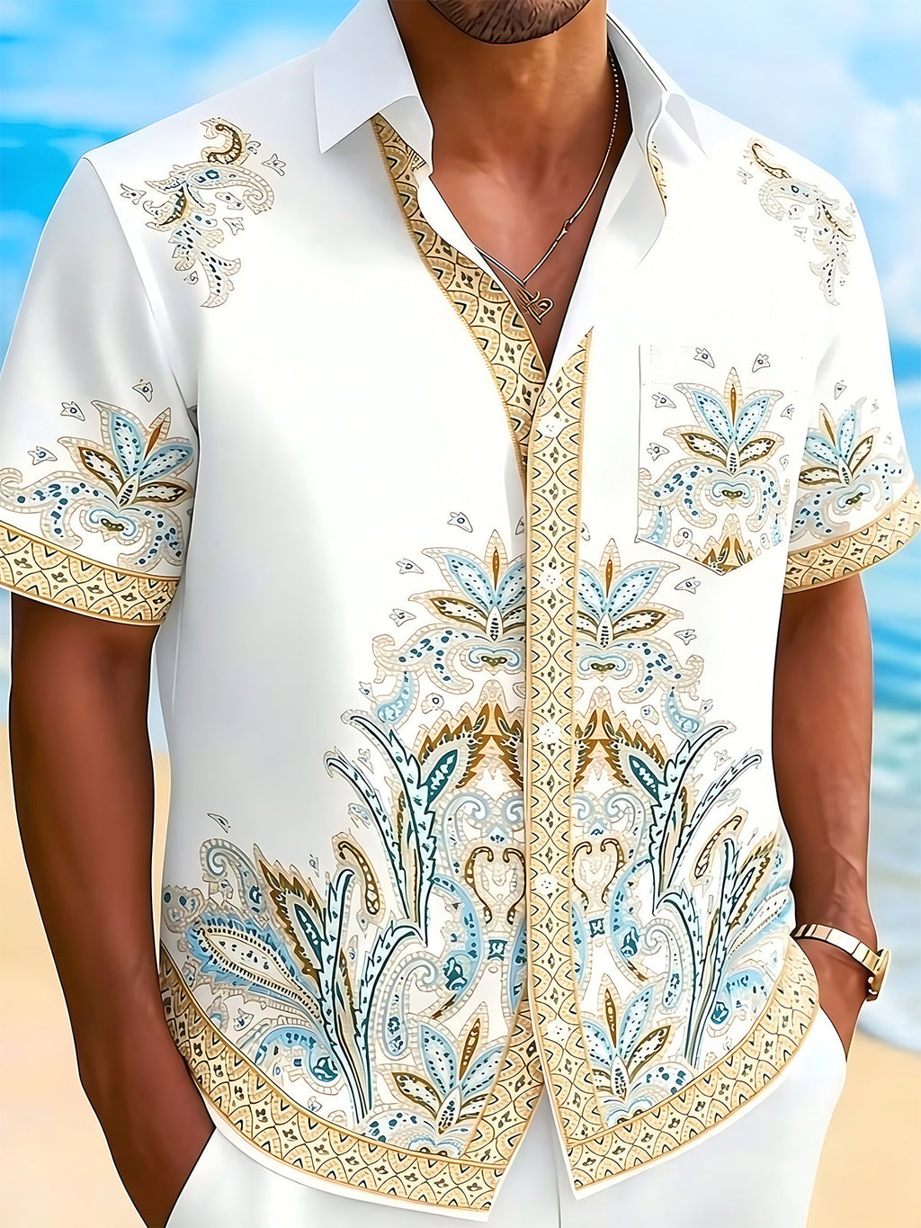 Oceanlyte Men's Vintage Style Paisley Floral Print Short Sleeve Shirt with Chest Pocket