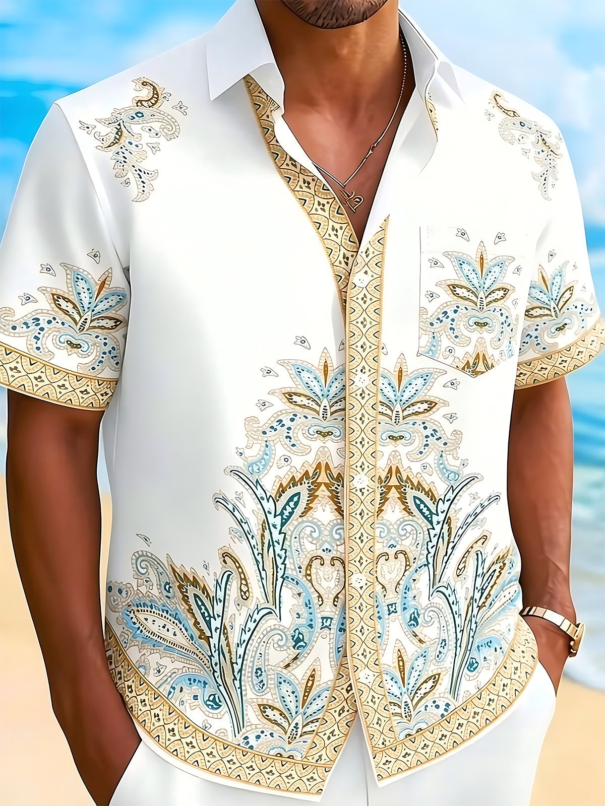 Oceanlyte Men's Vintage Style Paisley Floral Print Short Sleeve Shirt with Chest Pocket