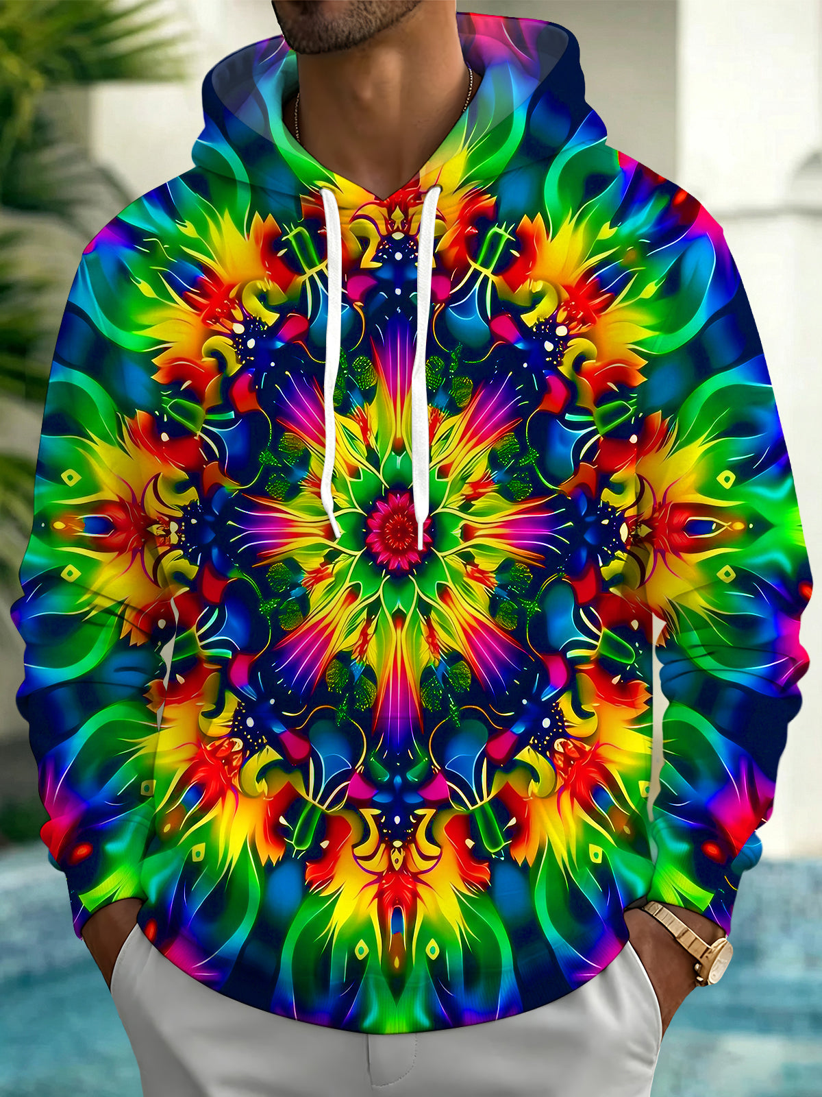 Oceanlyte Men's Printed Mandala Kaleidoscope Print Long Sleeve Hoodie with Chest Pocket