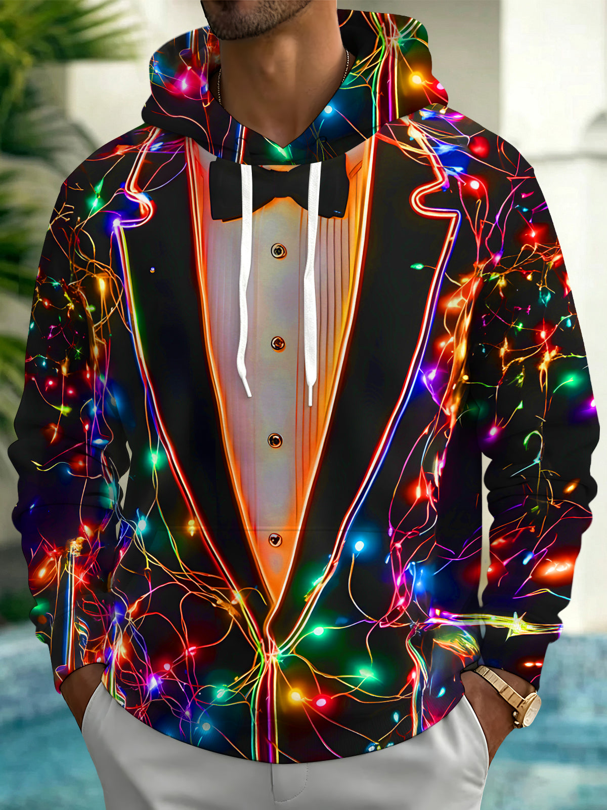 Oceanlyte Men's Printed Neon Tuxedo Print Long Sleeve Hoodie with Chest Pocket