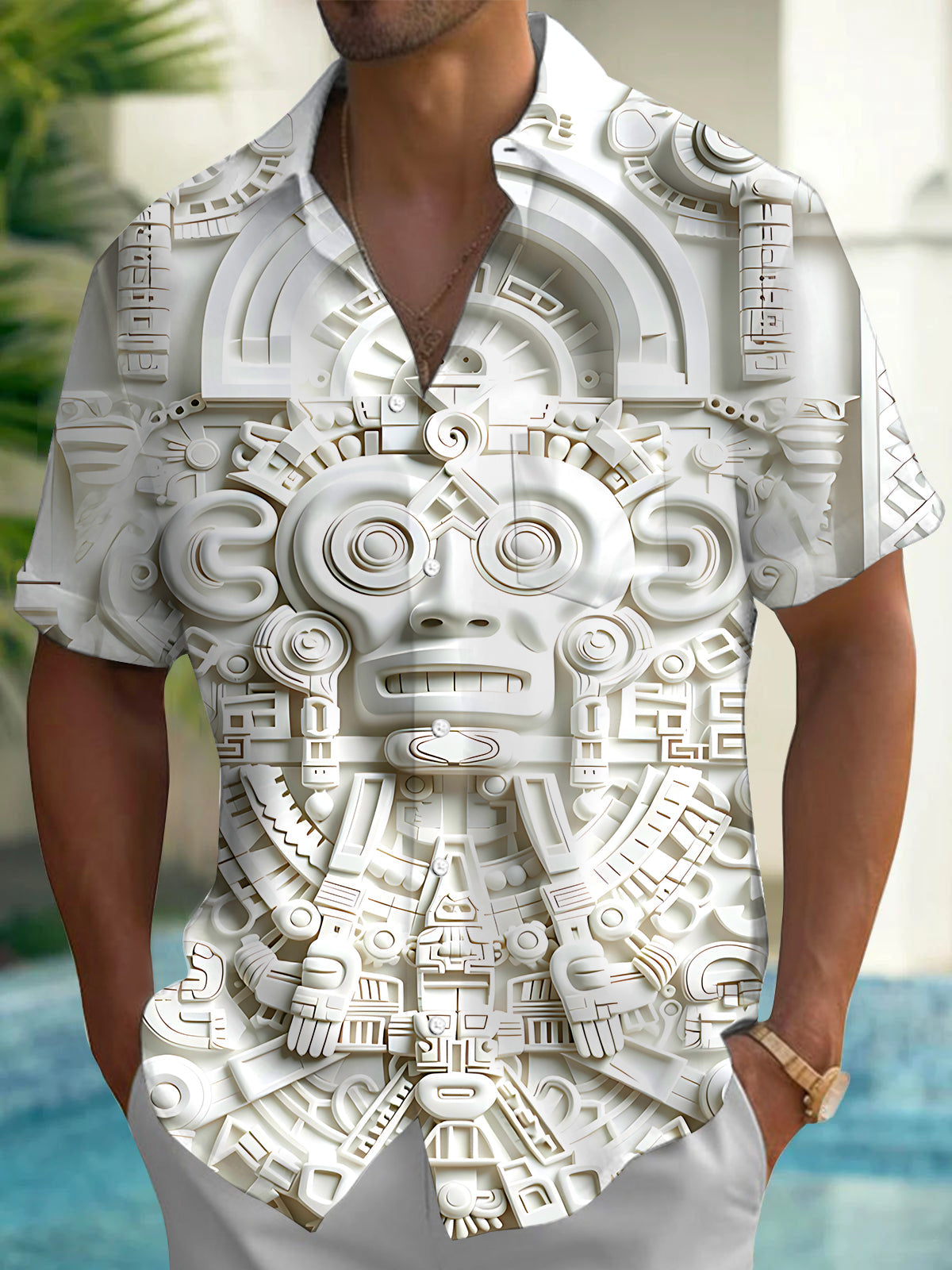 Oceanlyte Mayan Stone Carving Mask Men's Short Sleeve Shirt with Chest Pocket
