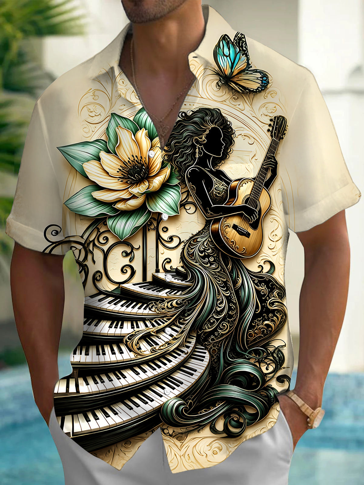 Oceanlyte Art Music Guitarist Piano Floral Butterfly Men's Short Sleeve Shirt with Chest Pocket