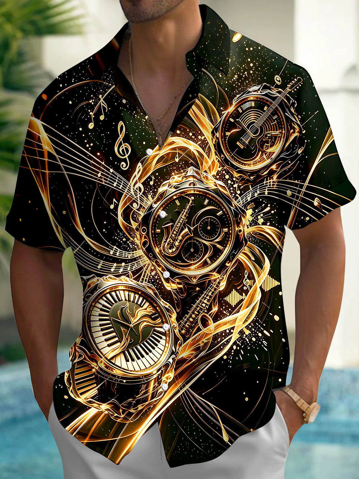 Oceanlyte Black Gold Music Clock Men's Short Sleeve Shirt with Chest Pocket