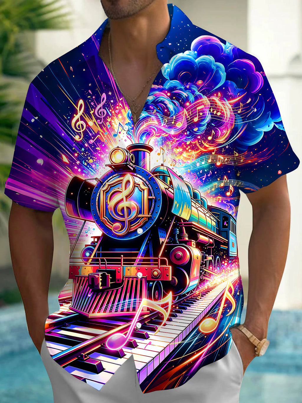 Oceanlyte Men's Graphic Neon Music Steam Train Print Short Sleeve Shirt with Chest Pocket