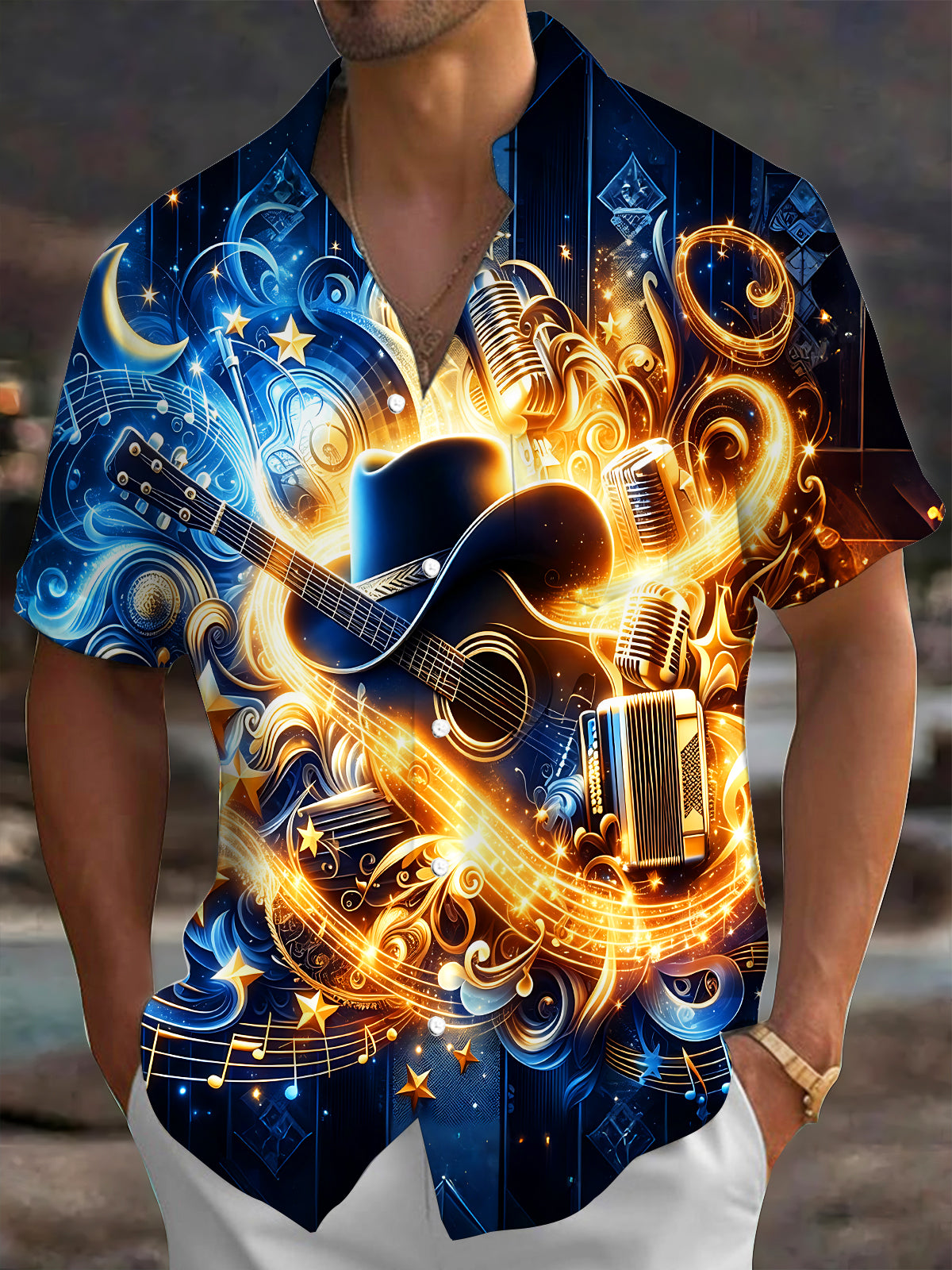 Oceanlyte Men's Printed Country Music Instruments Print Short Sleeve Shirt with Chest Pocket
