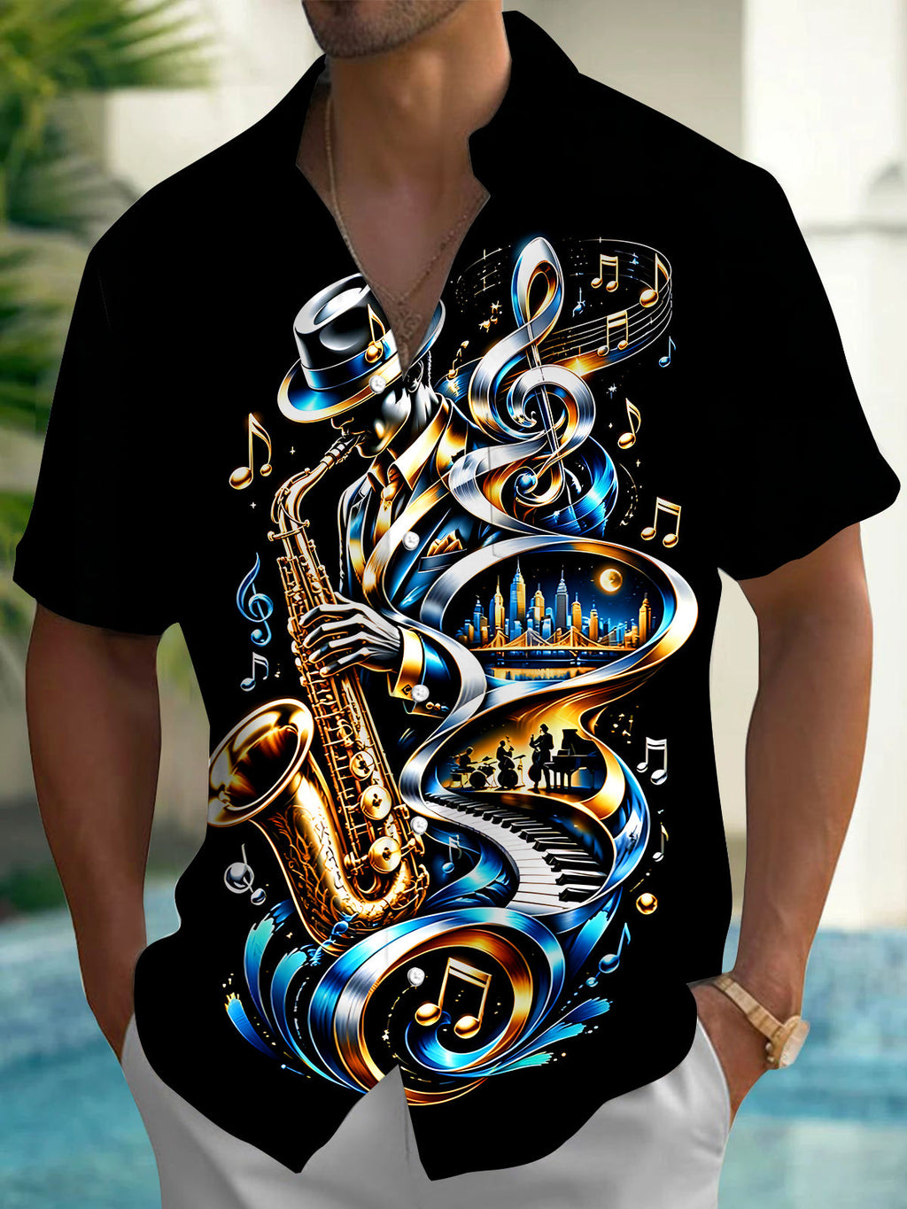 Oceanlyte Men's Graphic Jazz Saxophone Player Print Short Sleeve Shirt with Chest Pocket
