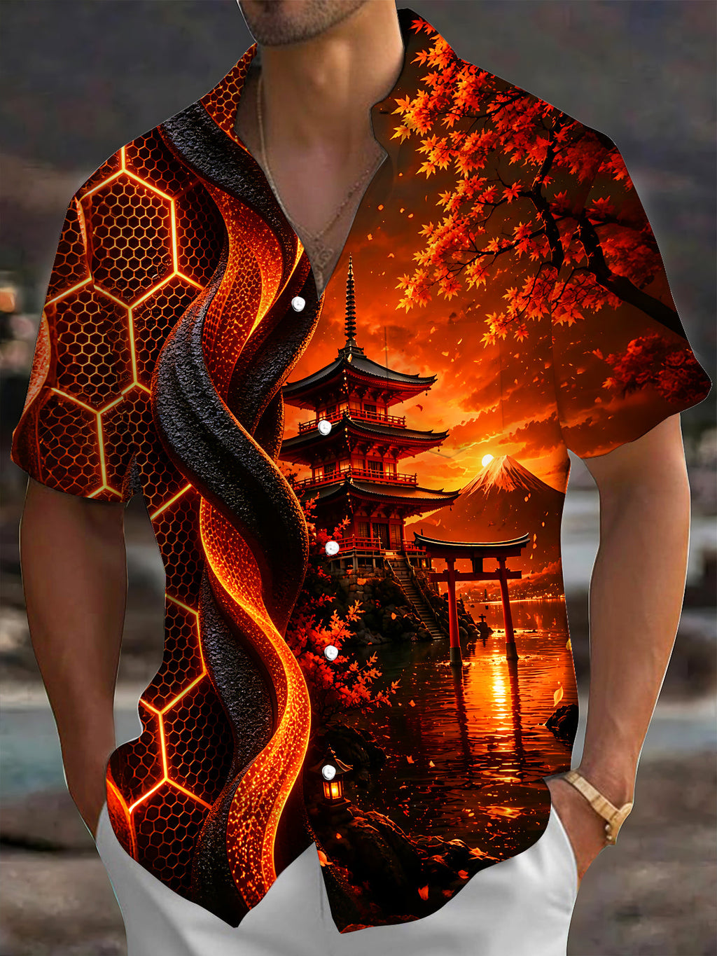 Oceanlyte Men's Graphic Ancient Temple Print Maple Leaf Print Short Sleeve Shirt with Chest Pocket