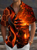 Oceanlyte Men's Graphic Ancient Temple Print Maple Leaf Print Short Sleeve Shirt with Chest Pocket