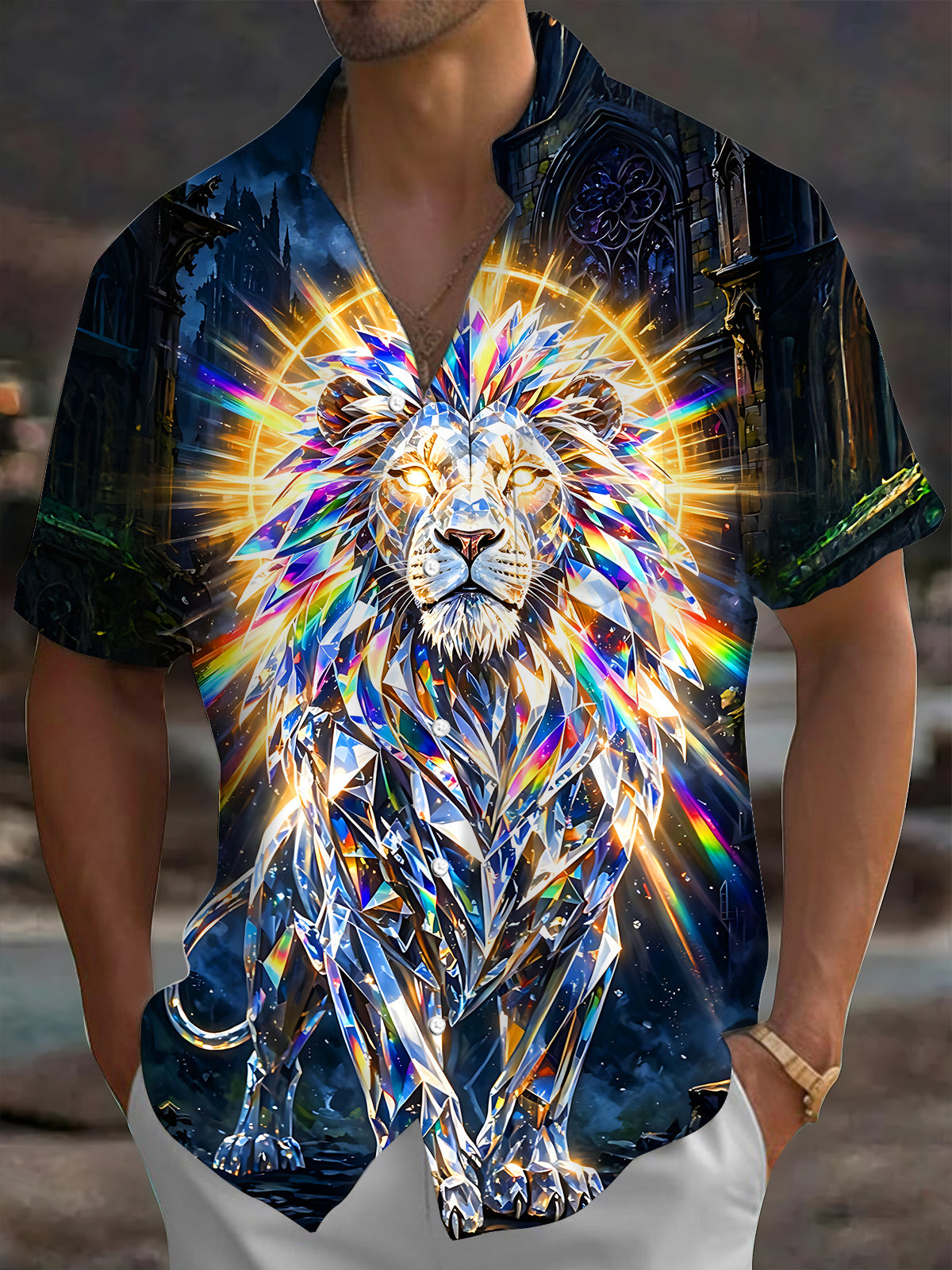 Oceanlyte Men's Graphic Crystal Lion Print Short Sleeve Shirt with Chest Pocket