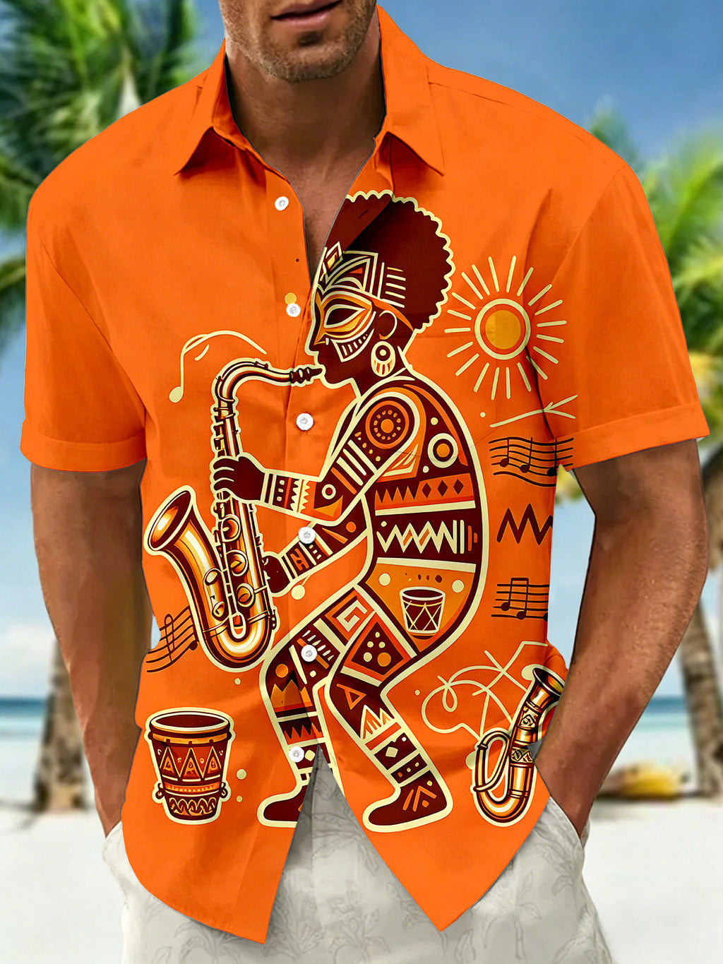 Oceanlyte Men's Hawaiian African Jazz Musician Print Short Sleeve Shirt with Chest Pocket