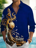 Oceanlyte Men's Vintage Style Golden Sitar Print Long Sleeve Shirt with Chest Pocket