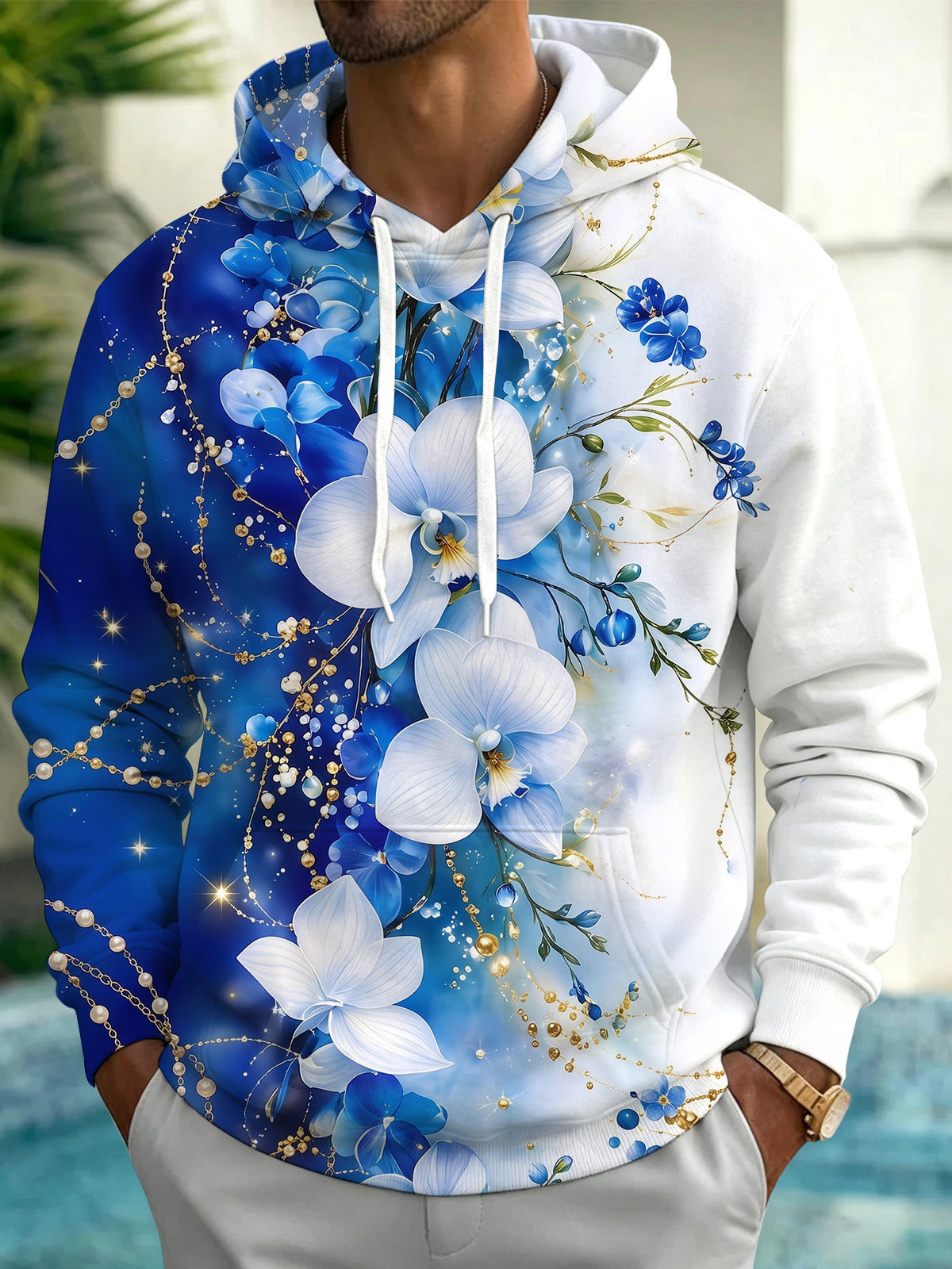 Oceanlyte Men's Printed Blue White Pearl Orchid Print Long Sleeve Hoodie with Chest Pocket