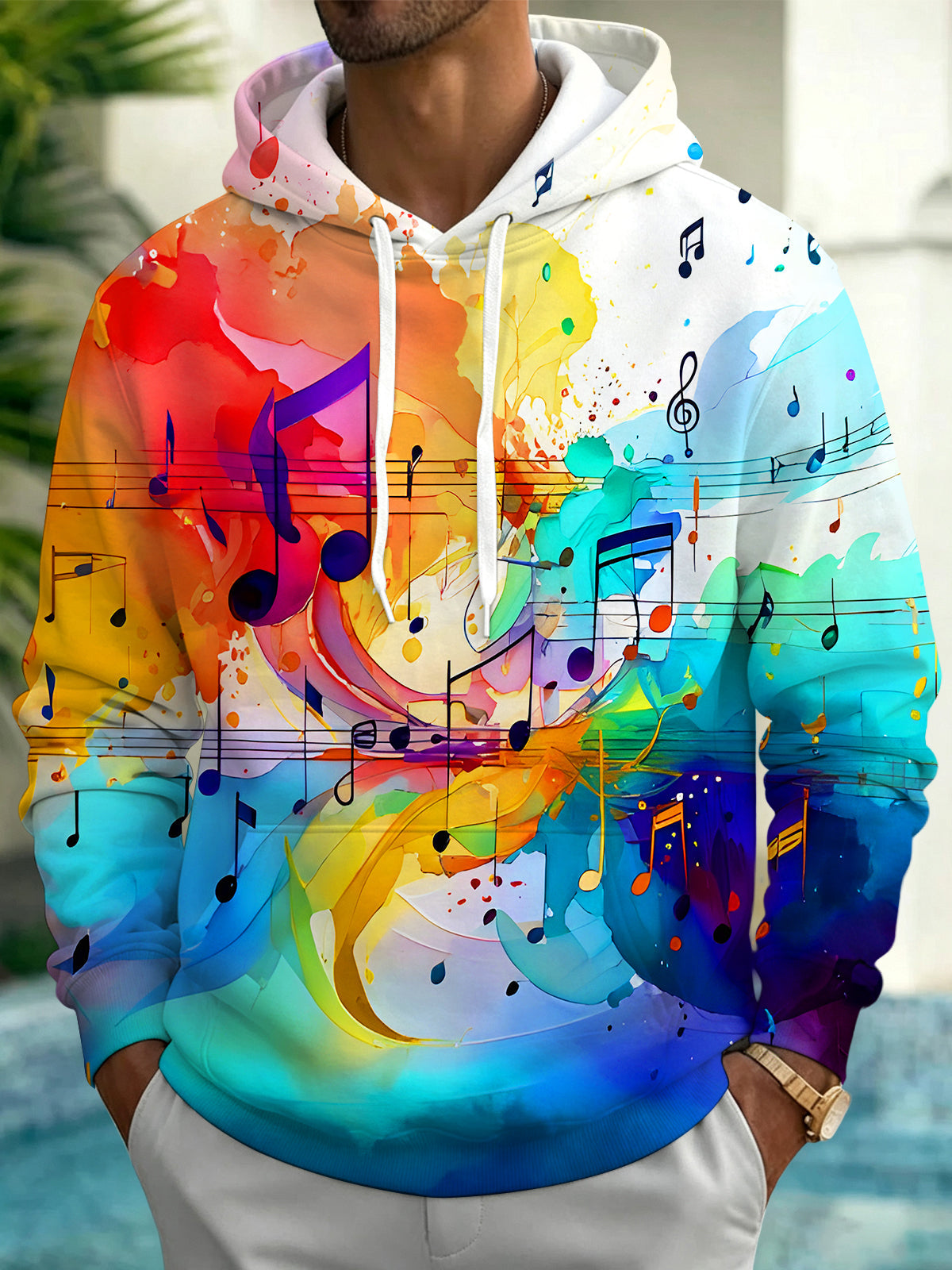 Oceanlyte Men's Graphic Watercolor Music Notes Print Long Sleeve Hoodie with Chest Pocket