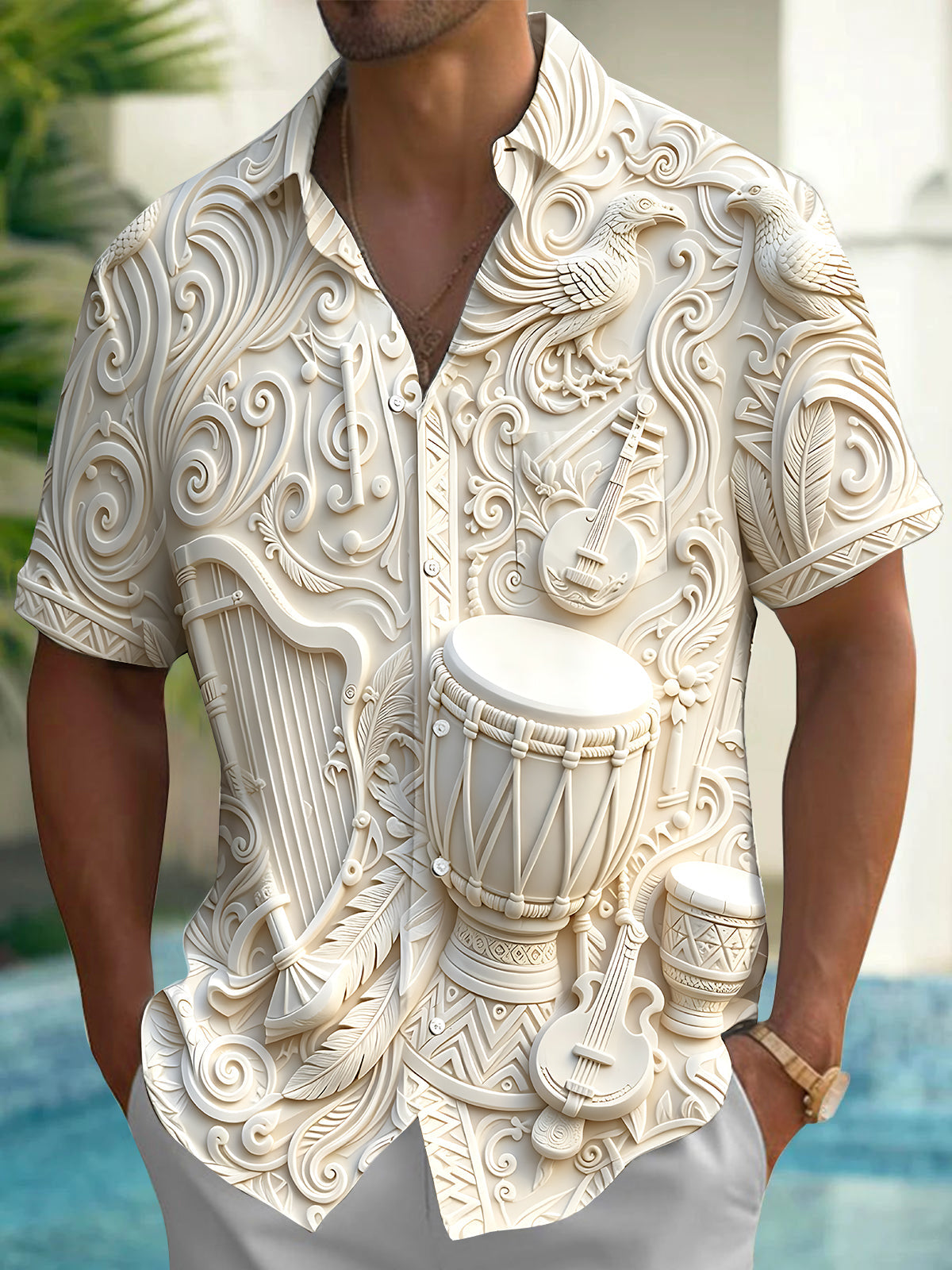 Oceanlyte Men's 3D Musical Instruments Relief Print Short Sleeve Shirt with Chest Pocket