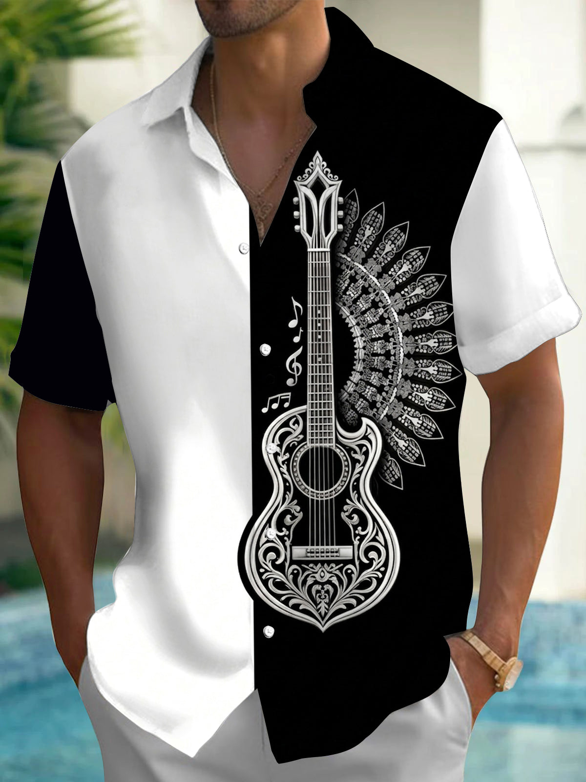 Oceanlyte Men's Graphic Guitar Mandala Print Short Sleeve Shirt with Chest Pocket