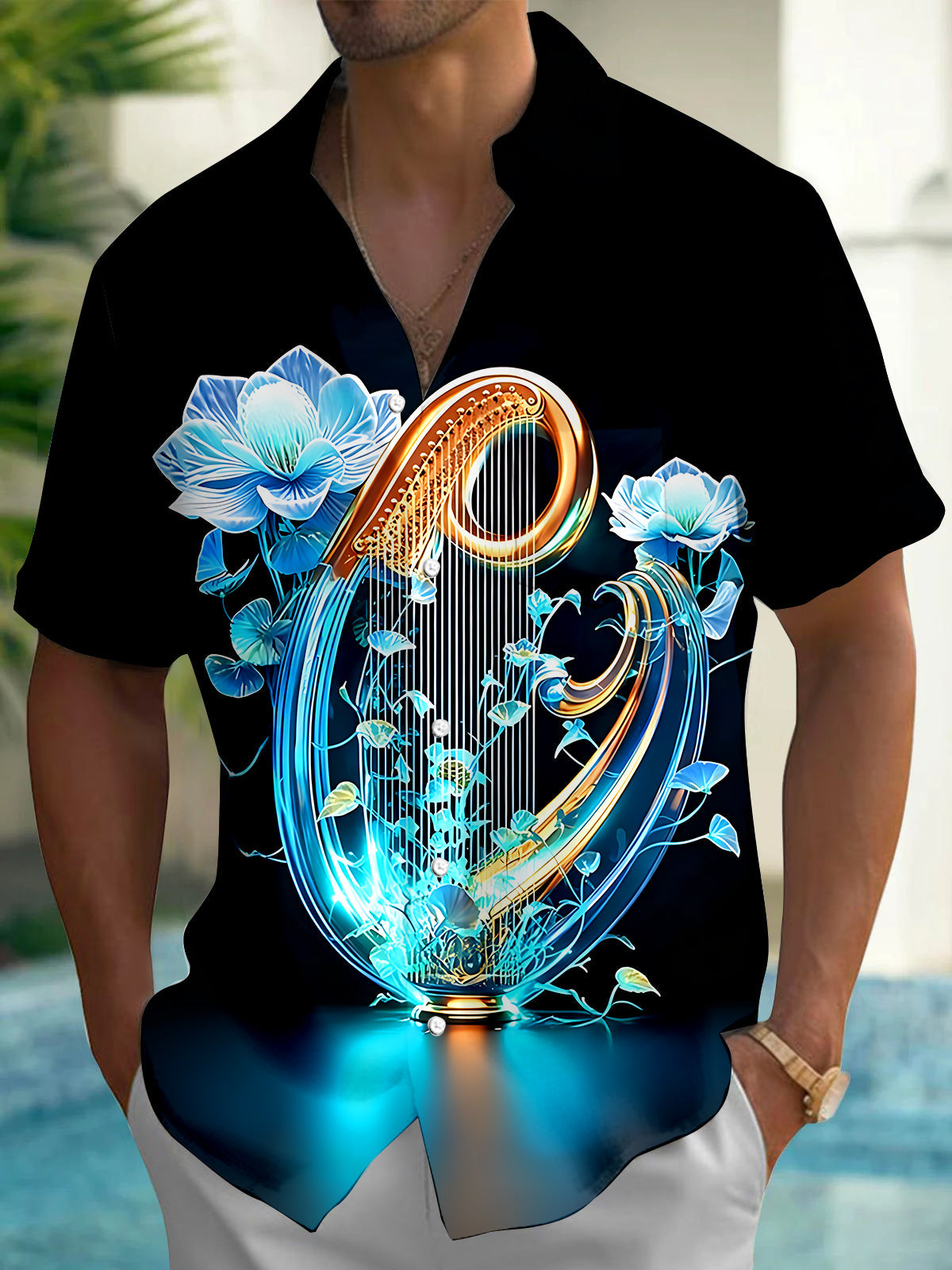 Oceanlyte Men's Graphic Neon Crystal Harp Print Short Sleeve Shirt with Chest Pocket