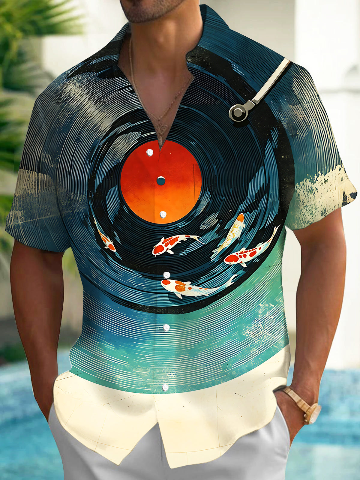 Oceanlyte Men's Hawaiian Vinyl Record Print Koi Fish Print Short Sleeve Shirt with Chest Pocket