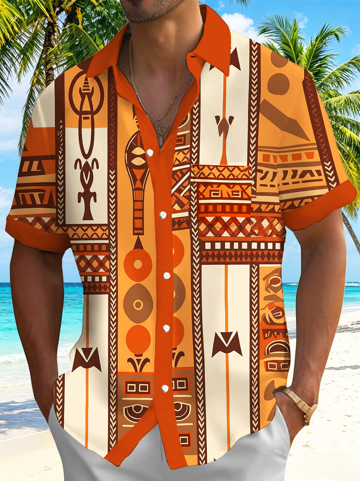 Oceanlyte Men's Hawaiian Tribal Geometric Pattern Short Sleeve Shirt with Chest Pocket