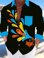 Oceanlyte Men's Vintage Style Gramophone Print Long Sleeve Shirt with Chest Pocket