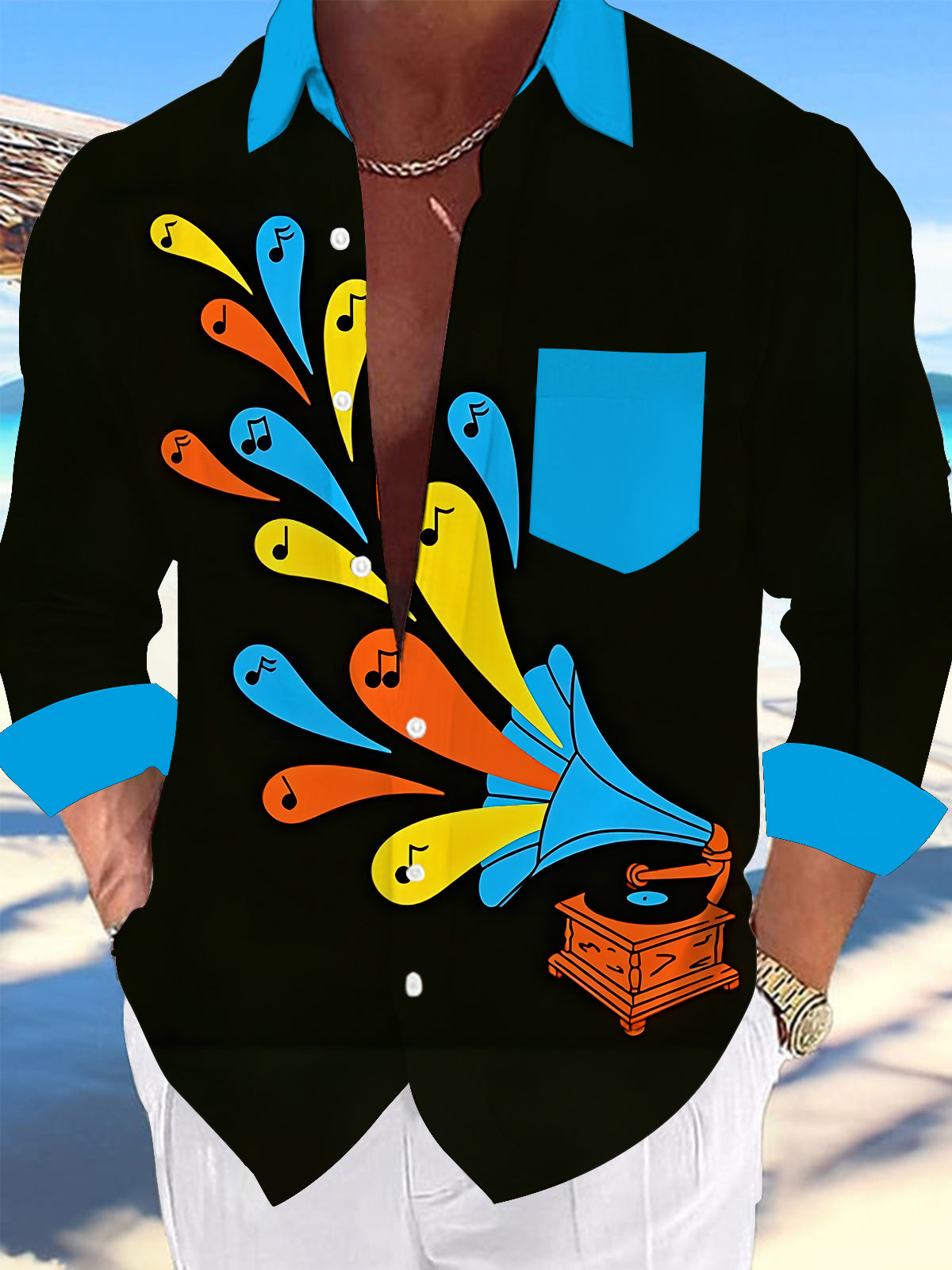 Oceanlyte Men's Vintage Style Gramophone Print Long Sleeve Shirt with Chest Pocket
