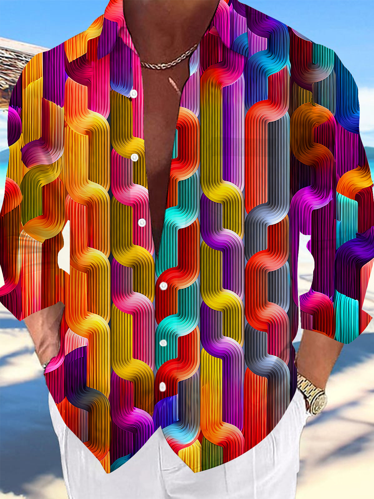Oceanlyte Men's 3D Colorful Wavy Weave Texture Print Long Sleeve Shirt with Chest Pocket