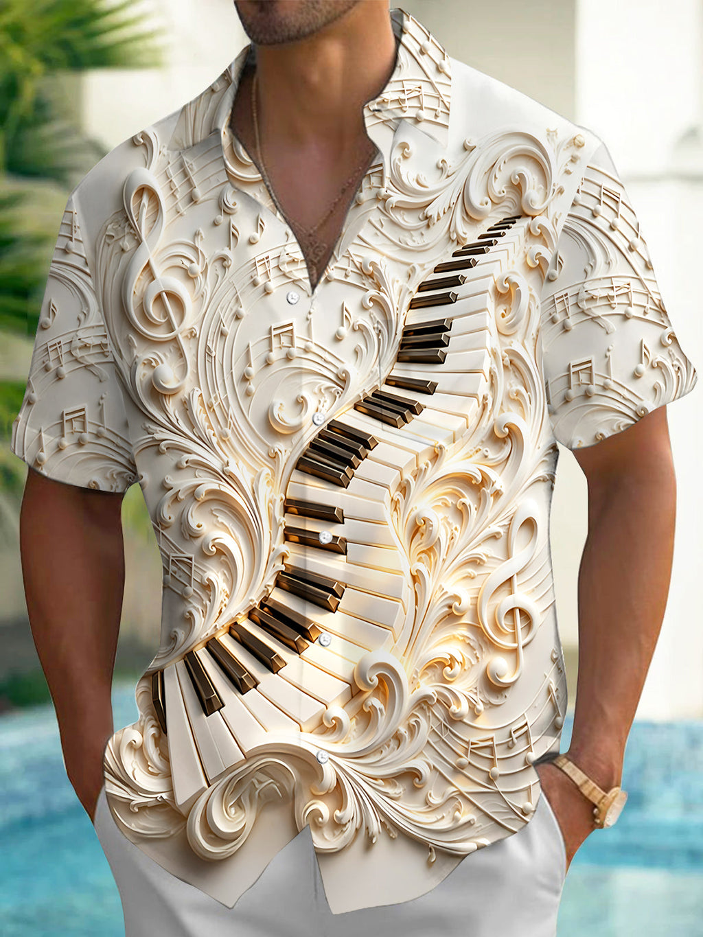 Oceanlyte Men's 3D Piano Keys Print Musical Notes Print Short Sleeve Shirt with Chest Pocket