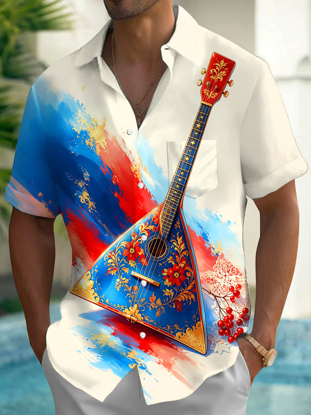 Oceanlyte Men's Graphic Balalaika Instrument Print Short Sleeve Shirt with Chest Pocket