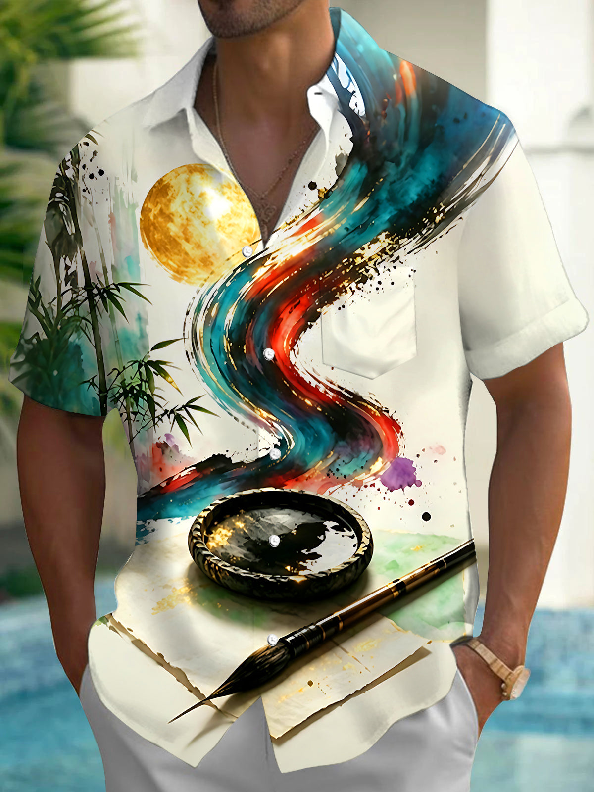 Oceanlyte Men's Graphic Ink Brush Moon Bamboo Print Short Sleeve Shirt with Chest Pocket