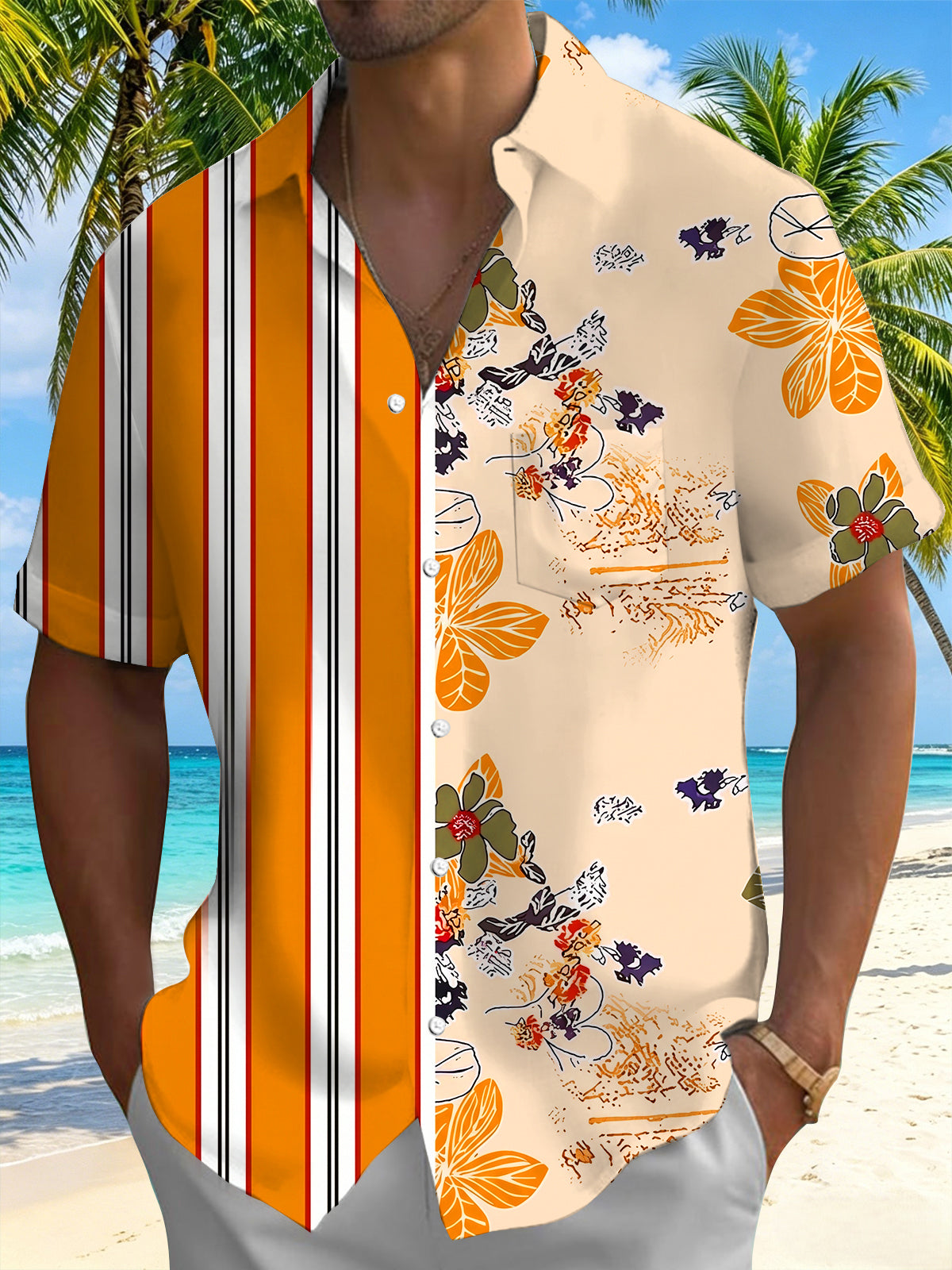 Oceanlyte Men's Hawaiian Color-block Stripes Print Short Sleeve Shirt with Chest Pocket
