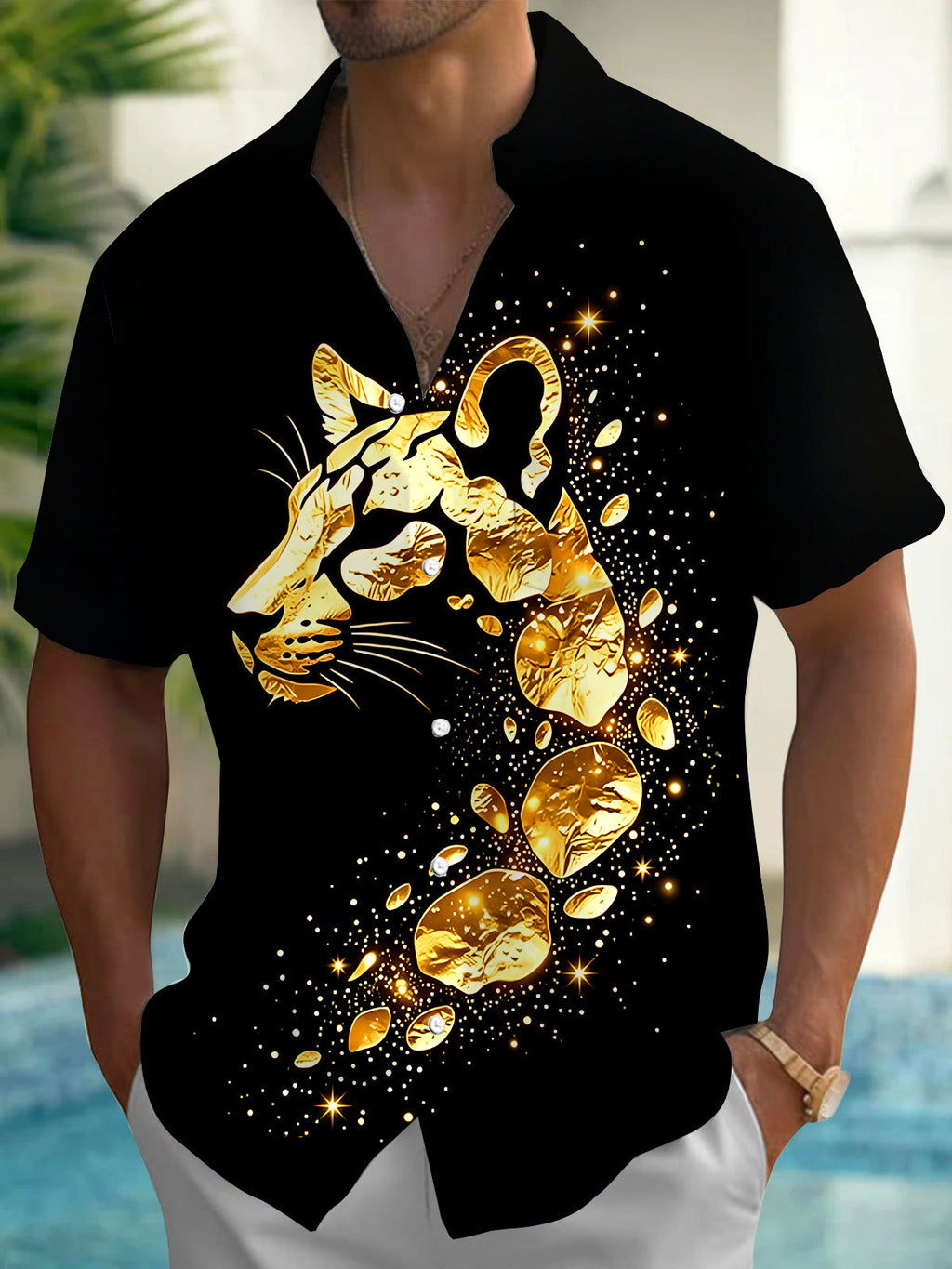 Oceanlyte Men's Printed Gold Leopard Head Print Short Sleeve Shirt with Chest Pocket