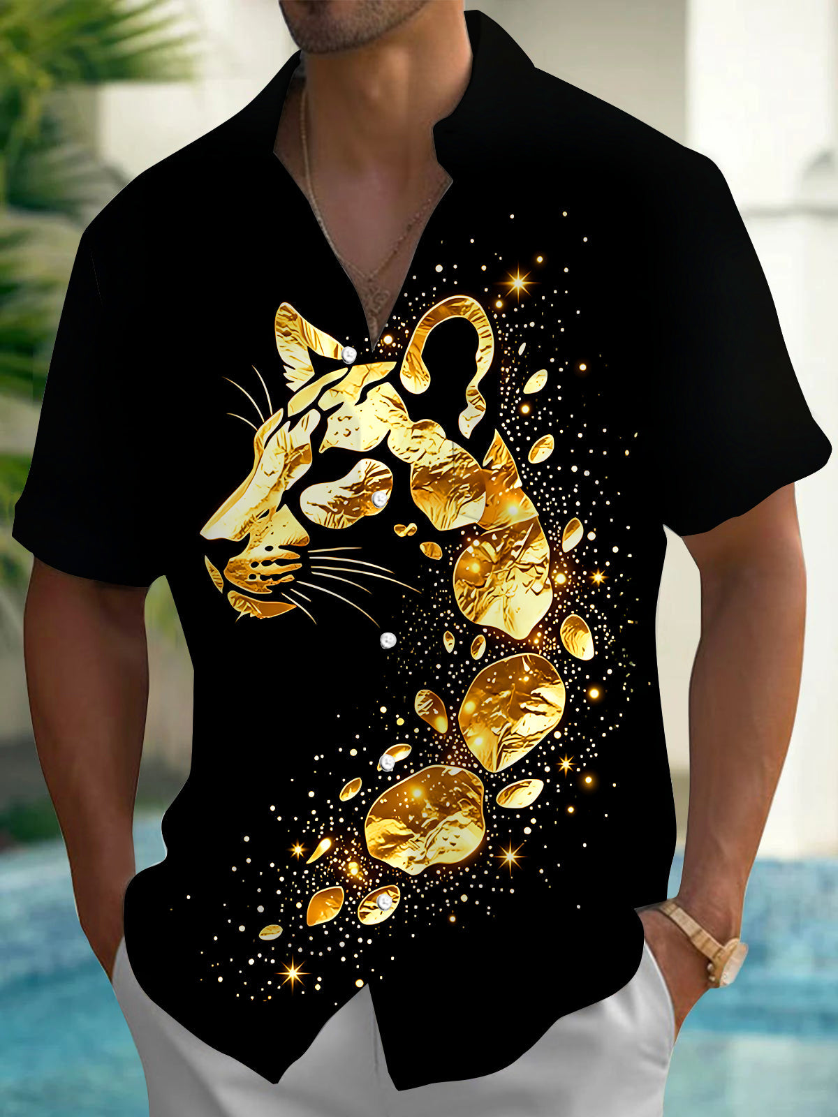 Oceanlyte Men's Printed Gold Leopard Head Print Short Sleeve Shirt with Chest Pocket