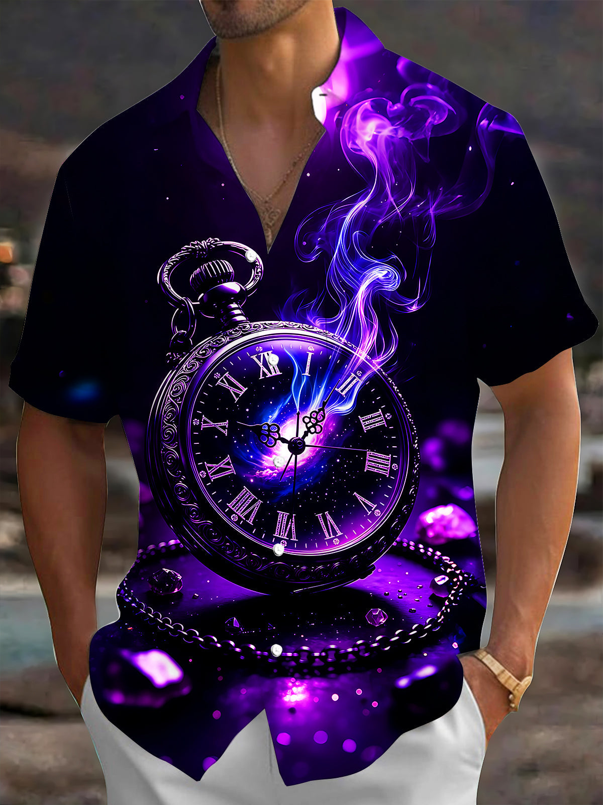 Oceanlyte Men's Purple Nebula Pocket Watch Print Short Sleeve Shirt with Chest Pocket