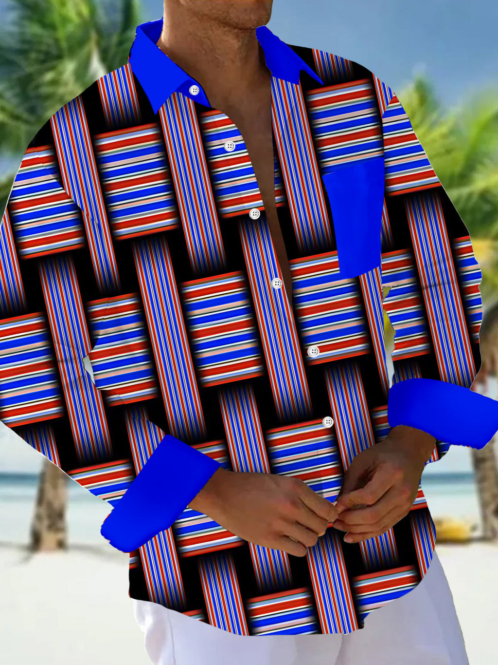 Oceanlyte Men's Striped Geometric Weave Stripes Print Long Sleeve Shirt with Chest Pocket