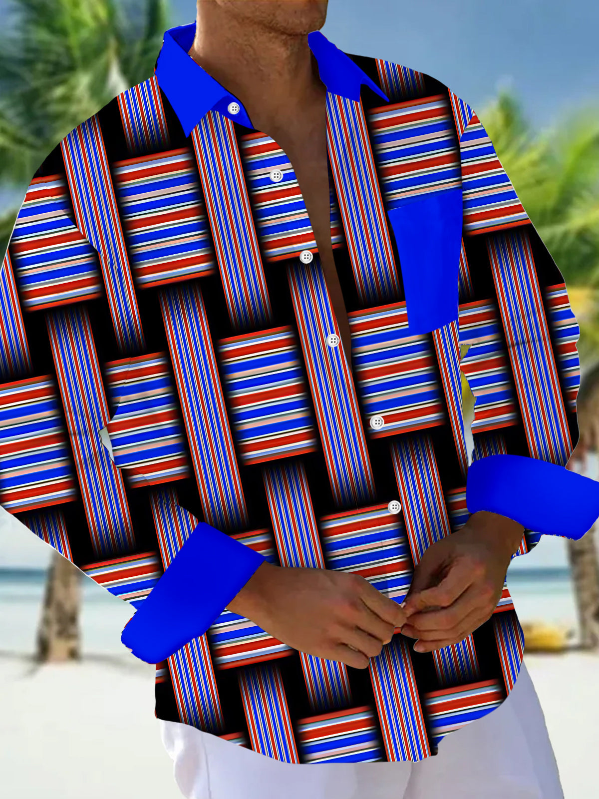 Oceanlyte Men's Striped Geometric Weave Stripes Print Long Sleeve Shirt with Chest Pocket
