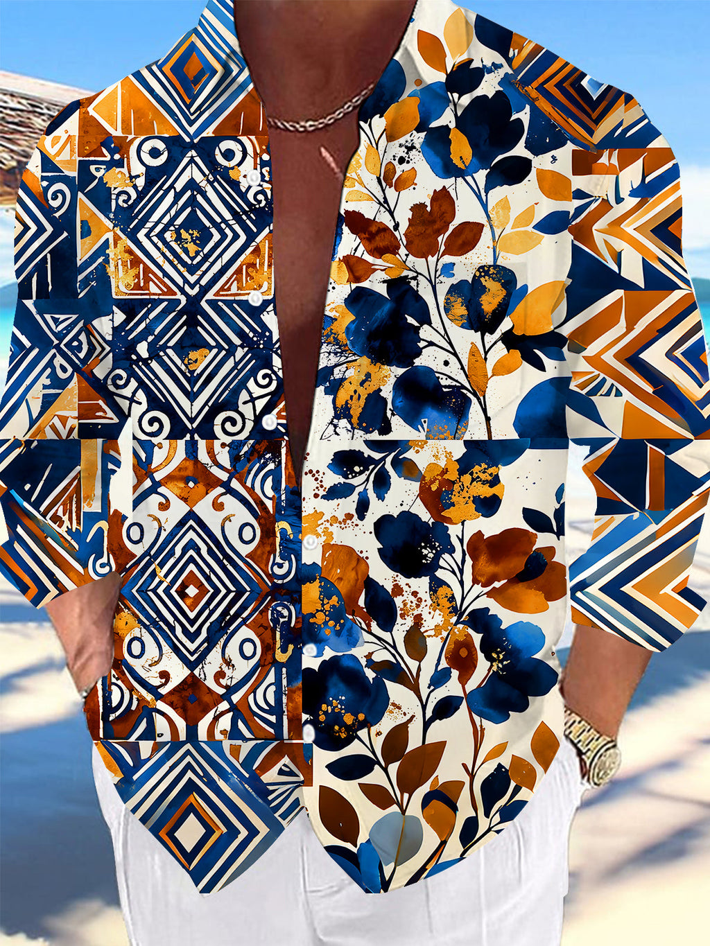 Oceanlyte Men's Printed Geometric Floral Collage Print Long Sleeve Shirt with Chest Pocket