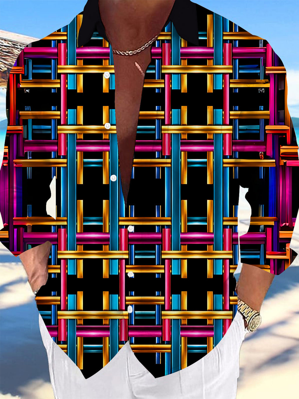 Oceanlyte Men's Patterned Colorful Metal Weave Plaid Print Long Sleeve Shirt with Chest Pocket