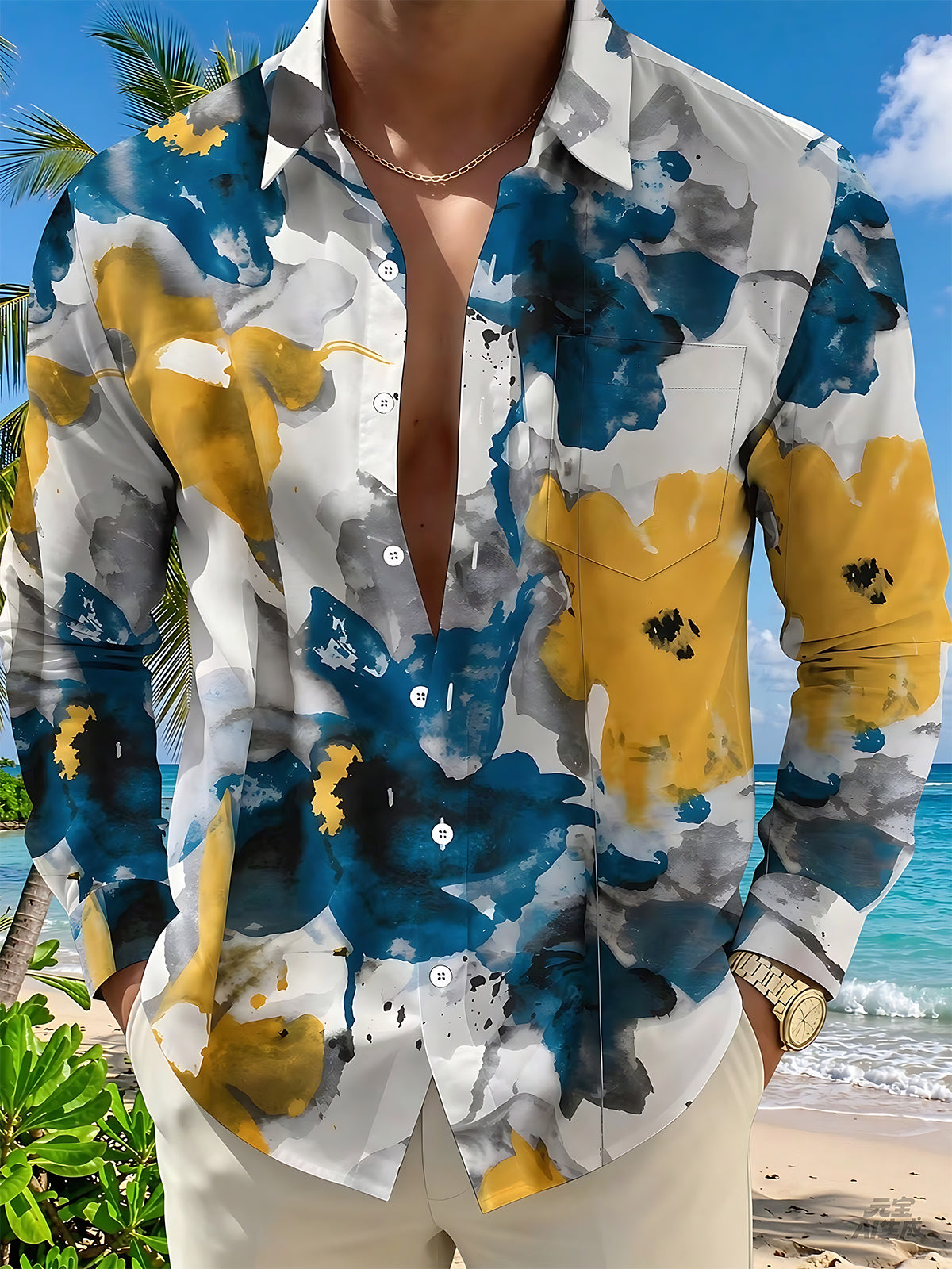 Oceanlyte Men's Printed Ink Wash Abstract Blooms Print Long Sleeve Shirt with Chest Pocket
