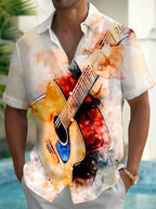 Oceanlyte Men's Graphic Watercolor Acoustic Guitar Print Short Sleeve Shirt with Chest Pocket