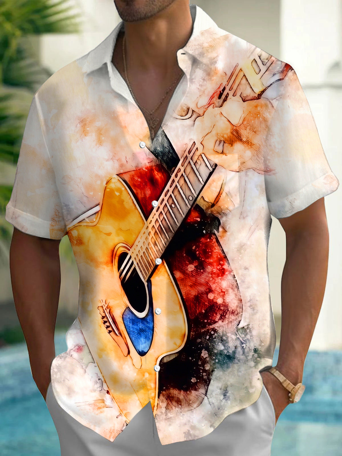 Oceanlyte Men's Graphic Watercolor Acoustic Guitar Print Short Sleeve Shirt with Chest Pocket