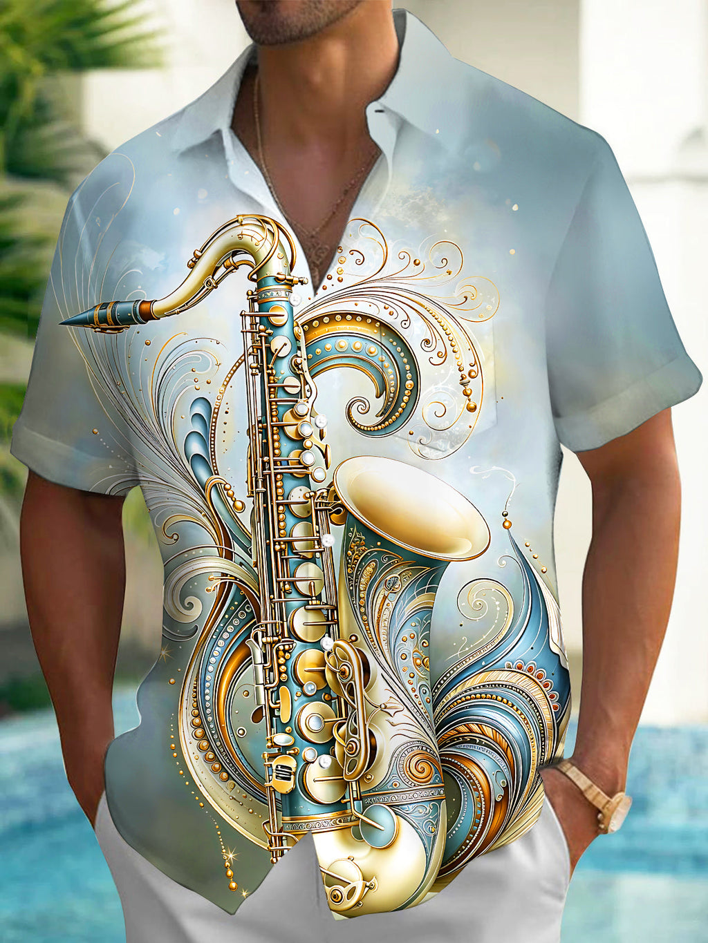 Oceanlyte Men's Vintage Style Saxophone Illustration Print Short Sleeve Shirt with Chest Pocket