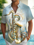 Oceanlyte Men's Vintage Style Saxophone Illustration Print Short Sleeve Shirt with Chest Pocket