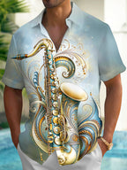 Oceanlyte Men's Vintage Style Saxophone Illustration Print Short Sleeve Shirt with Chest Pocket