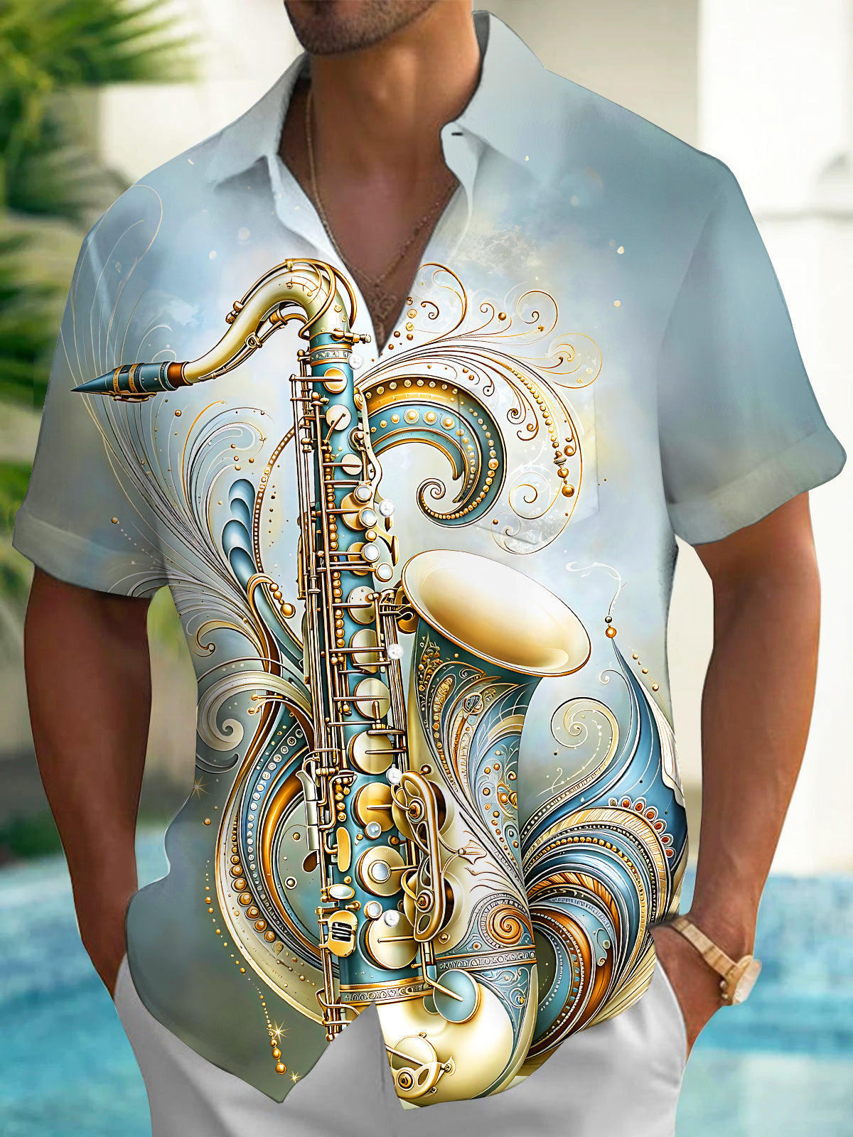 Oceanlyte Men's Vintage Style Saxophone Illustration Print Short Sleeve Shirt with Chest Pocket