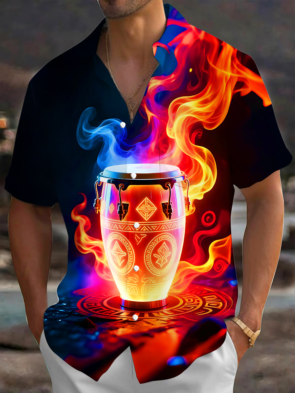 Oceanlyte Men's Graphic Neon Flame Conga Drum Print Short Sleeve Shirt with Chest Pocket