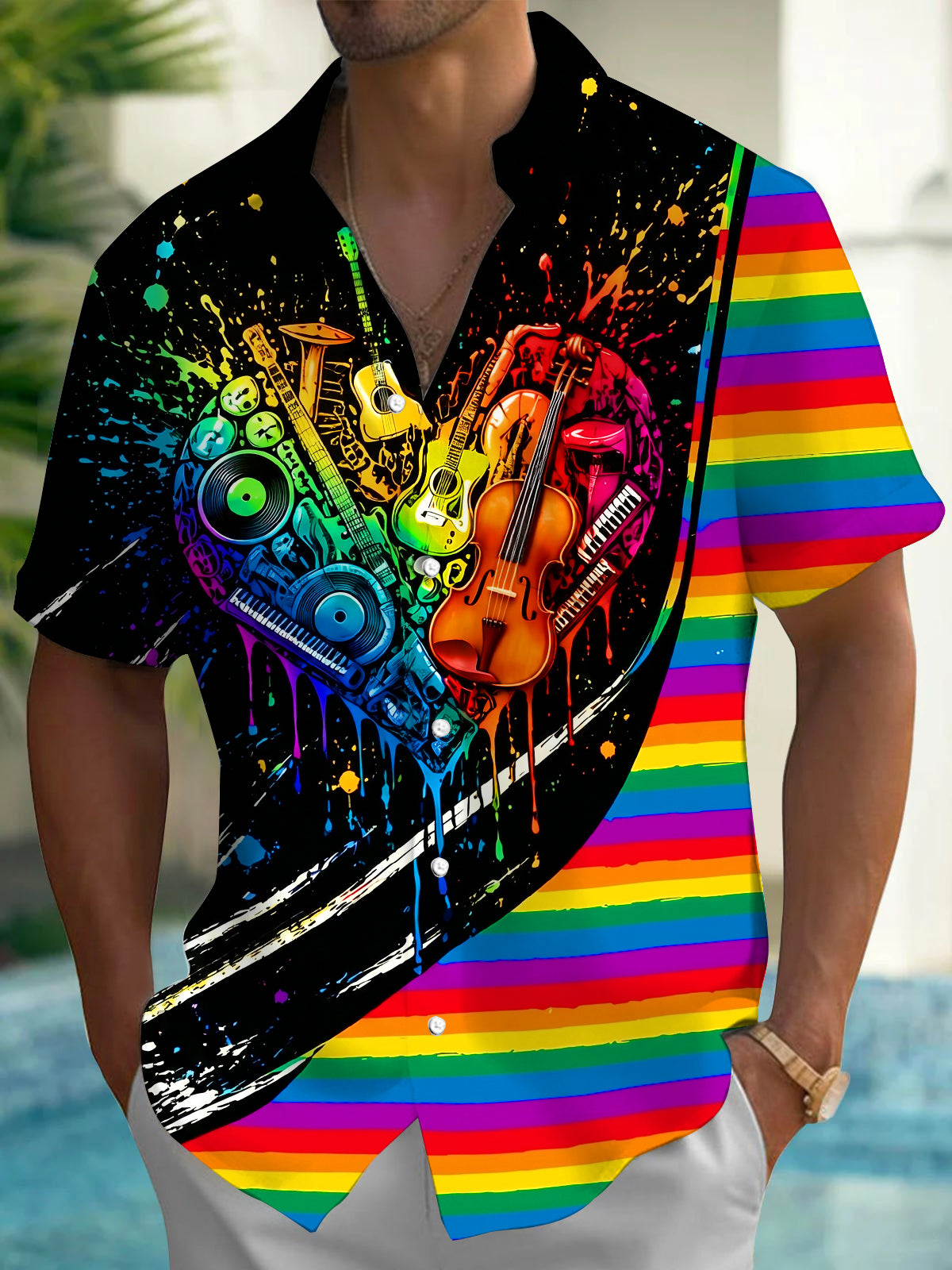 Oceanlyte Men's Graphic Musical Instruments Heart Print Short Sleeve Shirt with Chest Pocket